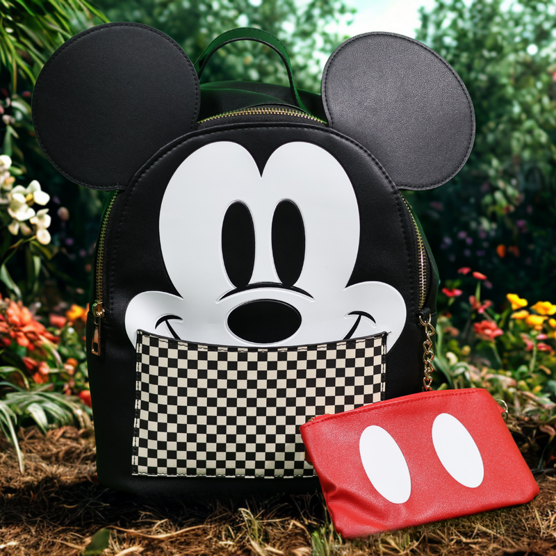 Loungefly Disney Mickey Mouse Black Checkered Figural Mini Backpack + Wallet (BUNDLE)